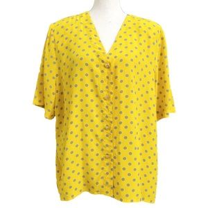 𝅺ANTHROPOLOGIE PAUL COSTELLOE 100% SILK YELLOW GREY DOTS BUTTON FRONT BLOUSE